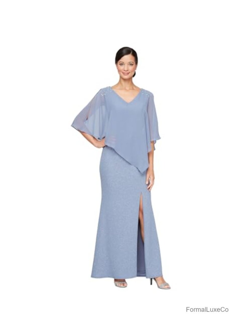 V-Neck Chiffon Overlay Formal Dress with Cape Sleeves
